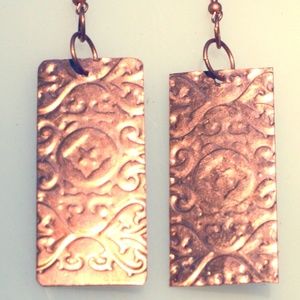 Rectangle Tribal Embossed Big Earrings Copper Boho